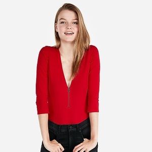 Express XS Red V Neck Bodysuit with Zipper